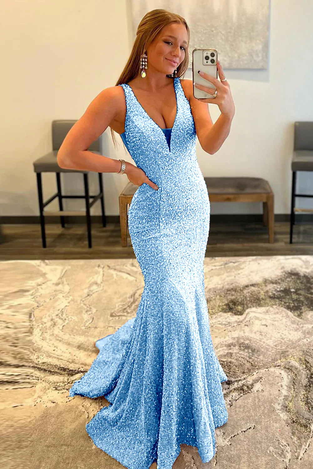 Vestido de fiesta largo sexy de sirena con escote en V y lentejuelas brillantes